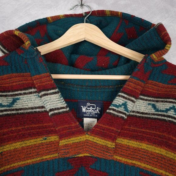 Vintage Woolrich Poncho Jacket Men Large Wool Aztec Hooded Baja Jacket USA - Picture 2 of 16